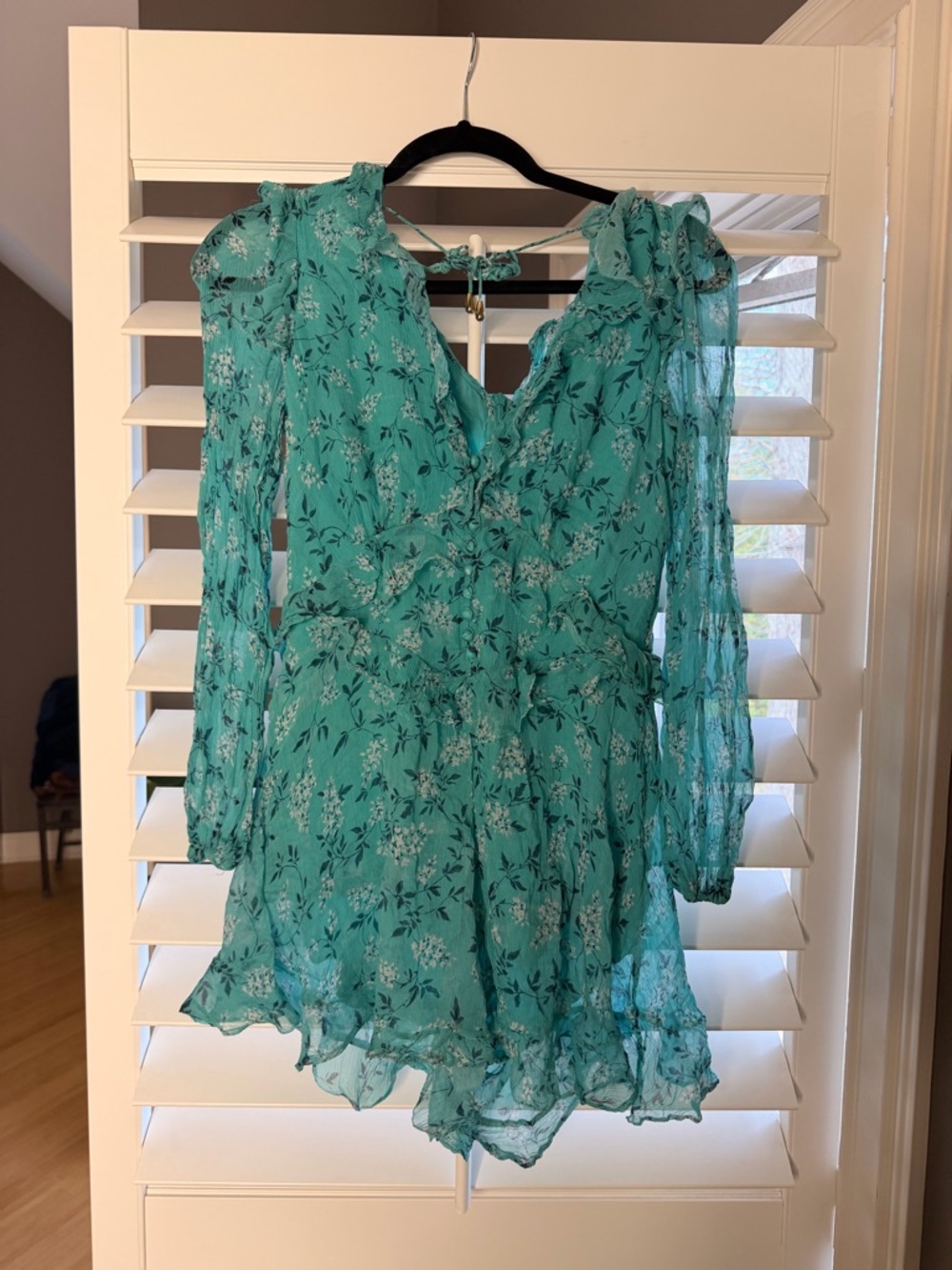 Zimmermann Floral Teal Long-Sleeve V-Neck Mini Romper